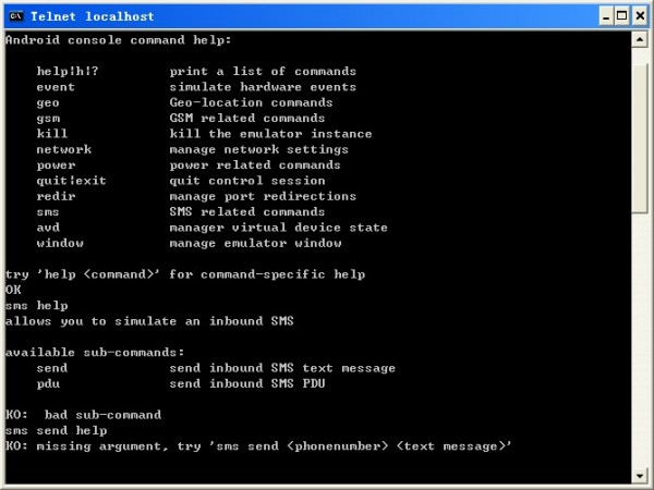adb-在Android模拟器中模拟GPS、打电话、挂电话，发短信-help用法